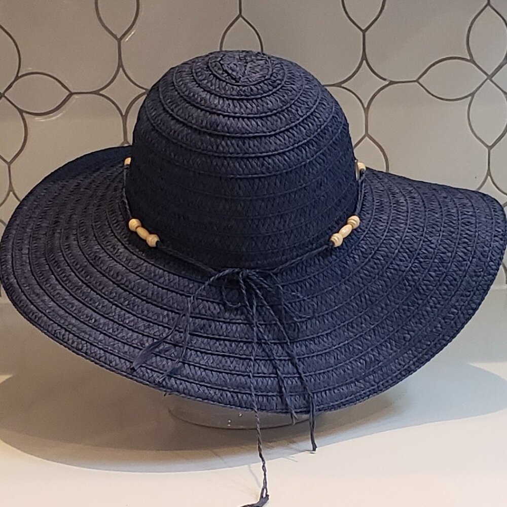 Panama Jack Navy Paper Braid Sun Hat with Beads